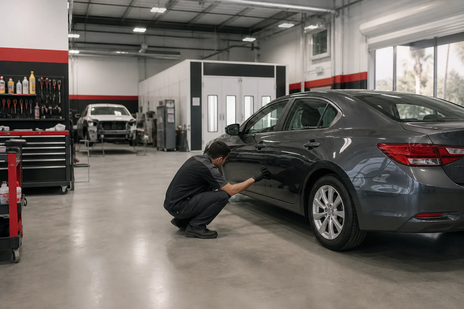 Woodley Collision technician inspecting a vehicle