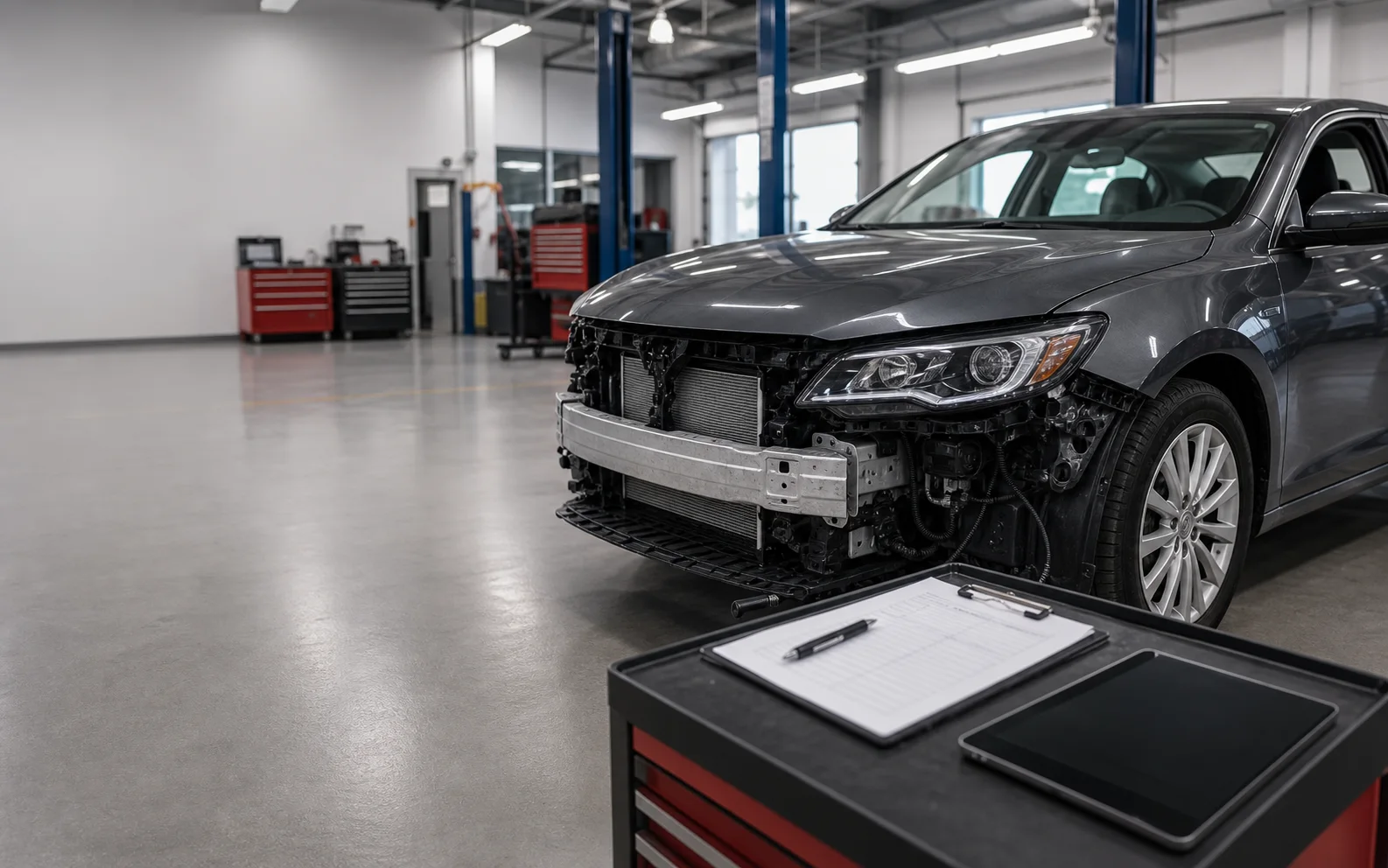 Woodley Collision technician reviewing a vehicle repair in the Van Nuys shop