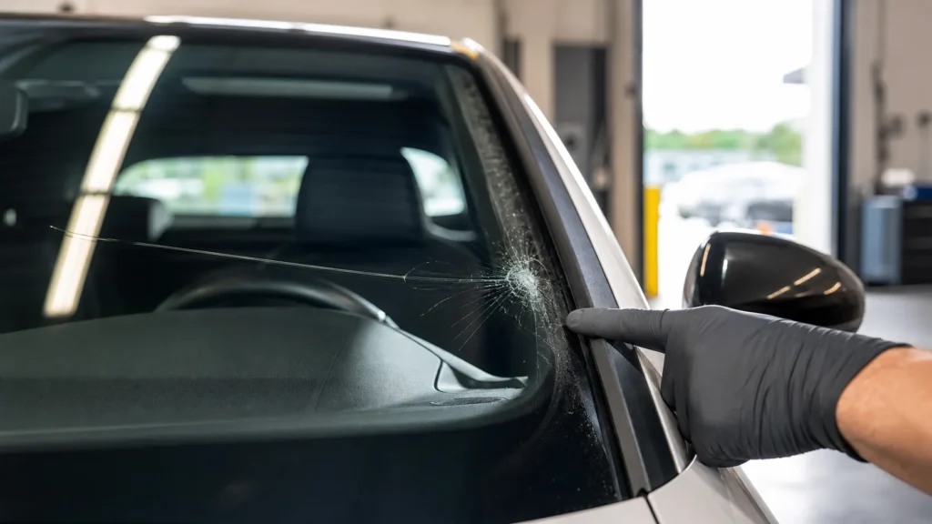 Technician pointing at windshield crack and seal damage after a collision