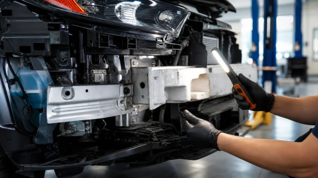 Technician inspecting hidden collision damage on a vehicle