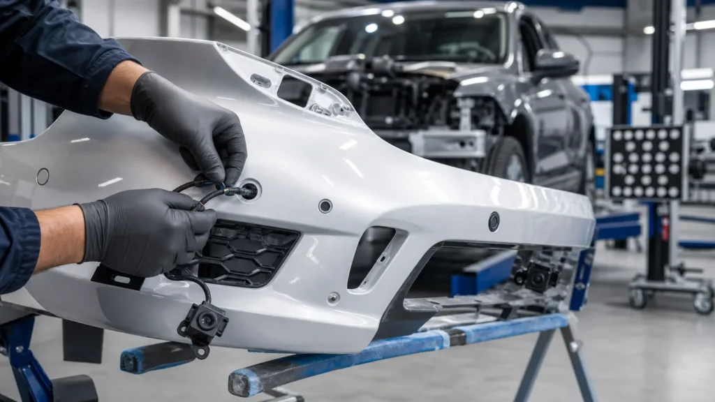 Technician routing bumper sensor wiring during collision repair