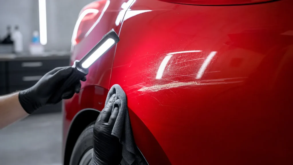 Technician inspecting scratches and paint transfer on a red vehicle panel