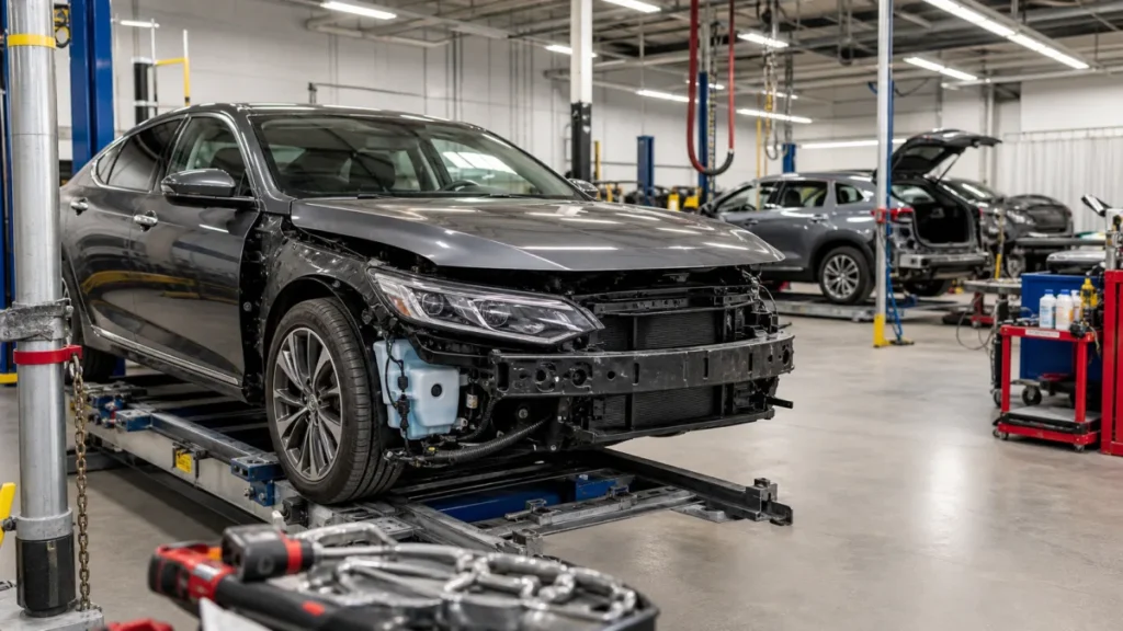 Auto body collision repair bay with a dark gray vehicle under repair