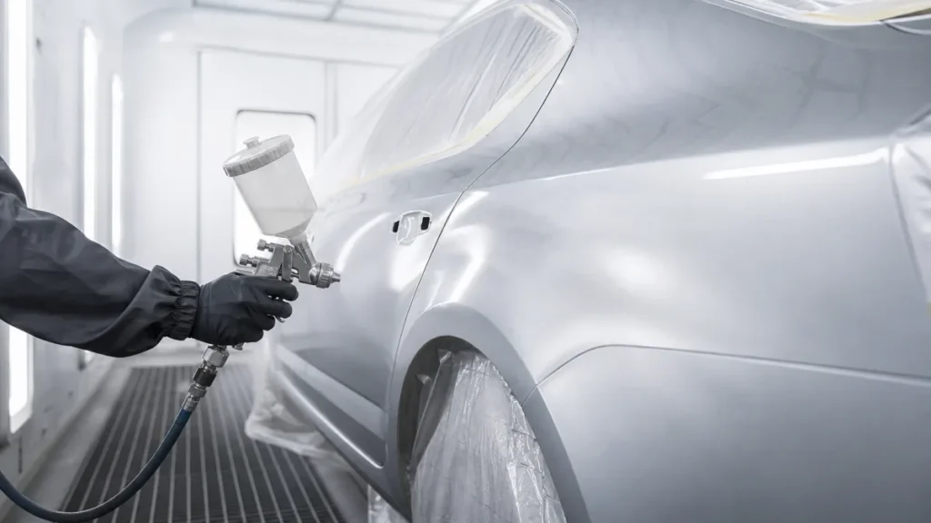 Silver vehicle panel being painted inside a spray booth