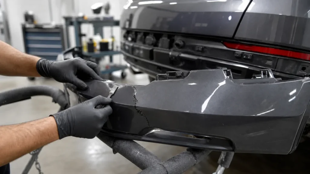 Gloved hands repairing a dark gray rear bumper
