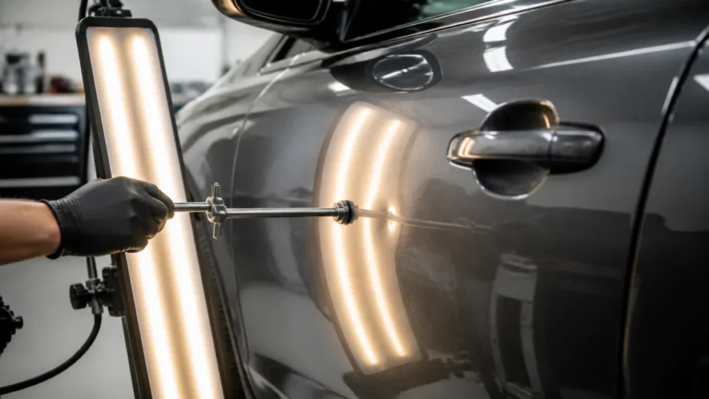 Paintless dent repair tools working on a dark gray door panel