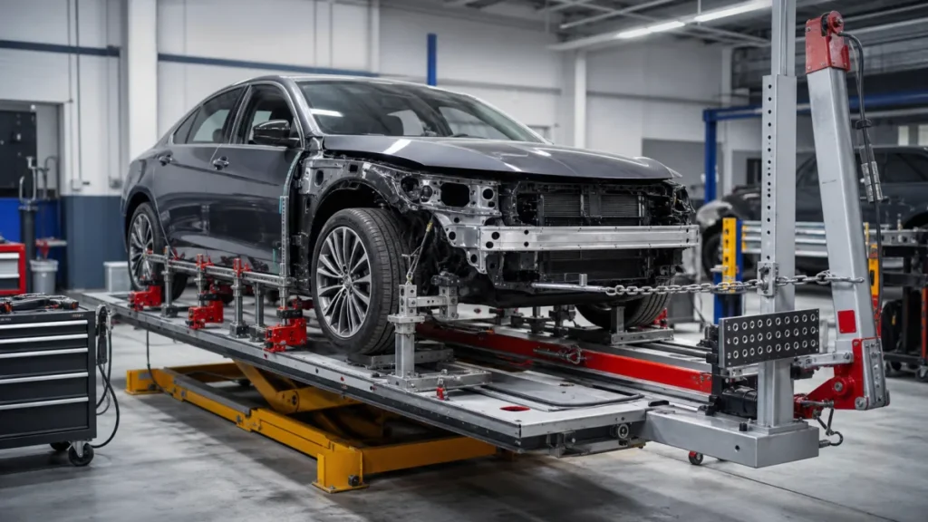 Vehicle secured on a frame straightening bench in a repair bay