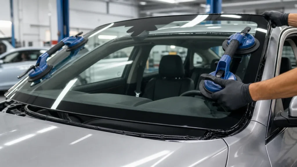 New windshield being installed with suction cup tools