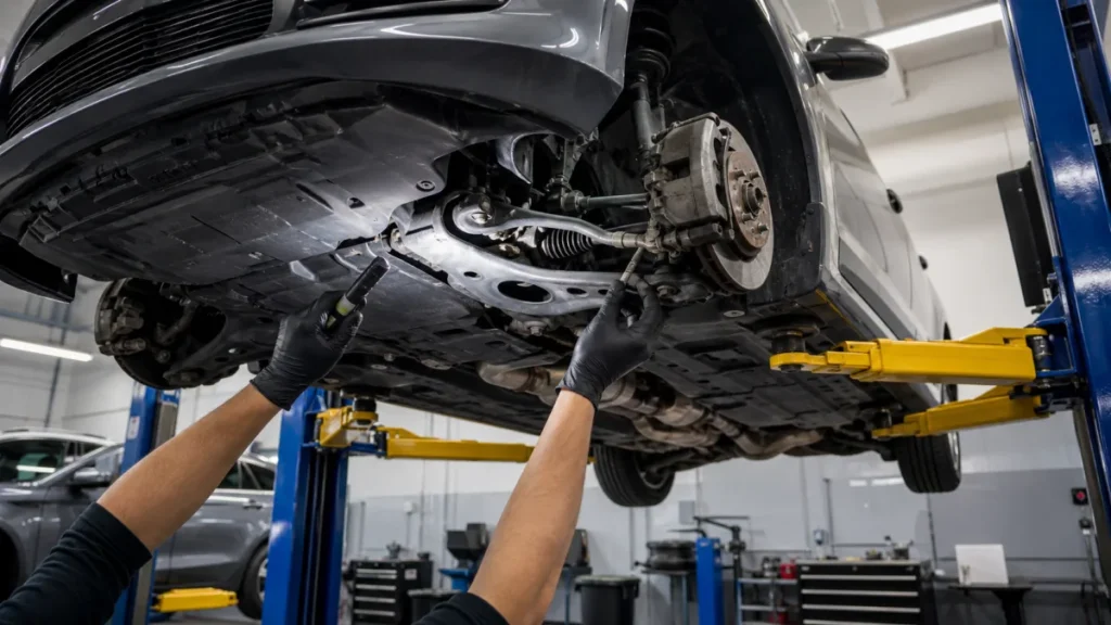 Vehicle raised on a lift for underside mechanical inspection
