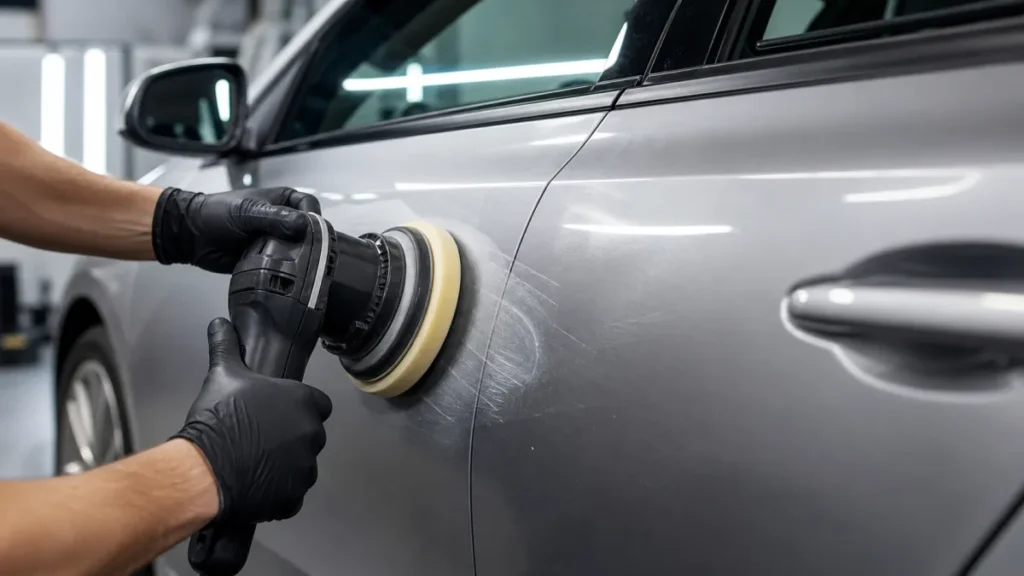 Machine polisher buffing scratches from a silver car door