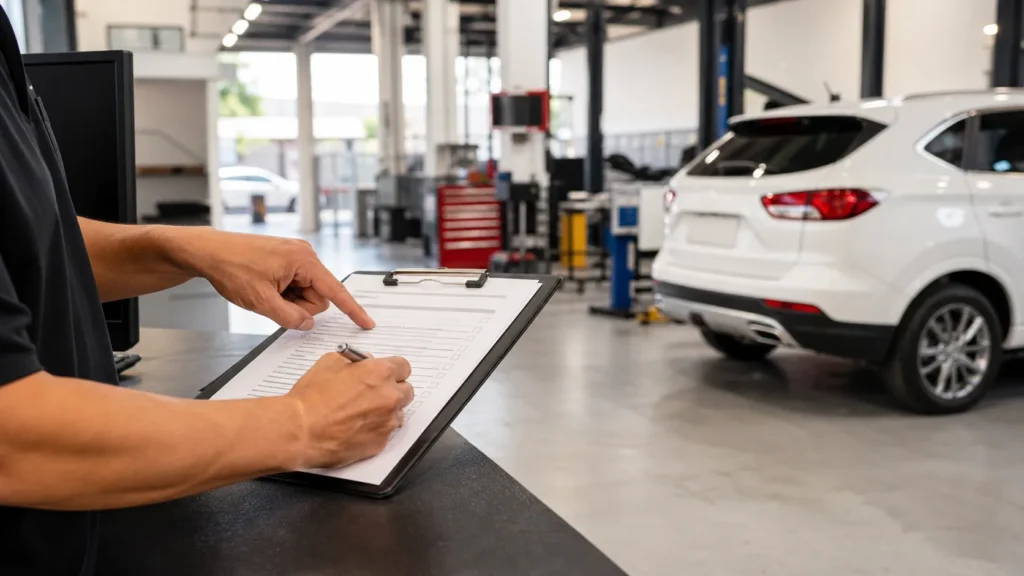 Advisor reviewing a collision repair estimate checklist beside a vehicle in a clean shop