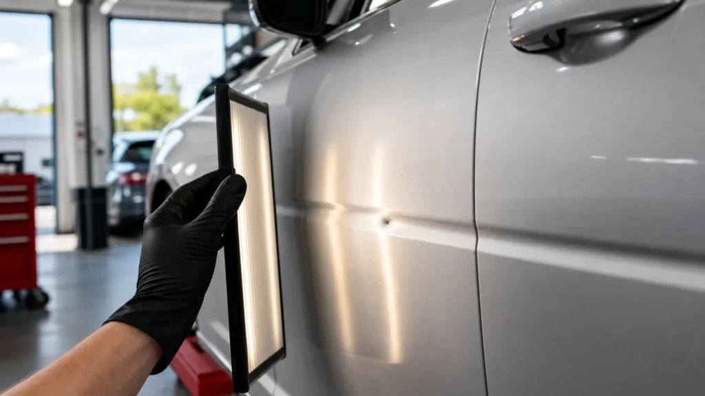 Technician inspecting a small door ding on a silver vehicle for dent repair