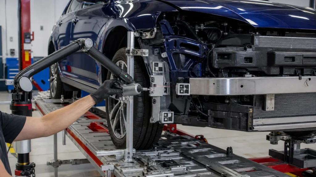Collision repair technician measuring front structural damage on a vehicle