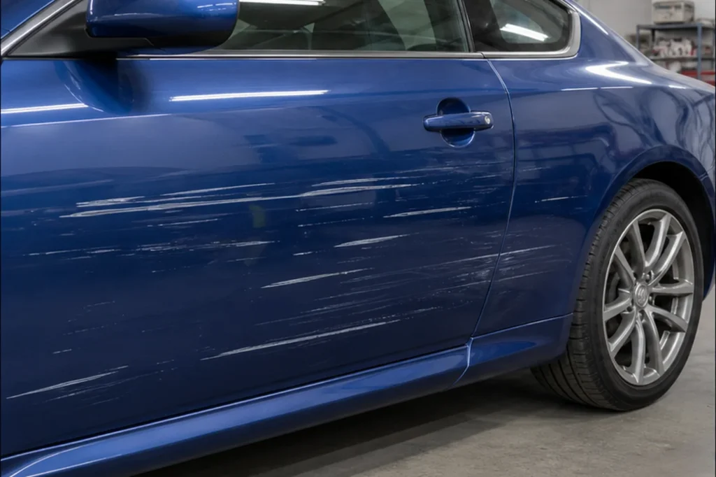 Blue Side Panel Scratch Repair, before repair