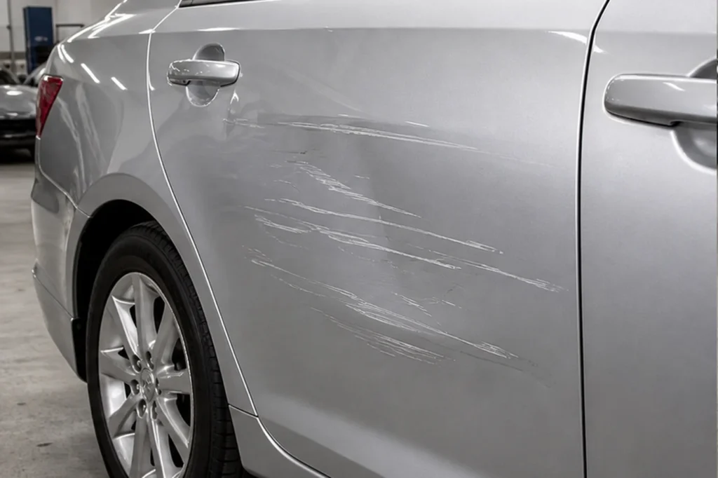 Silver Door Scratch Repair, before repair