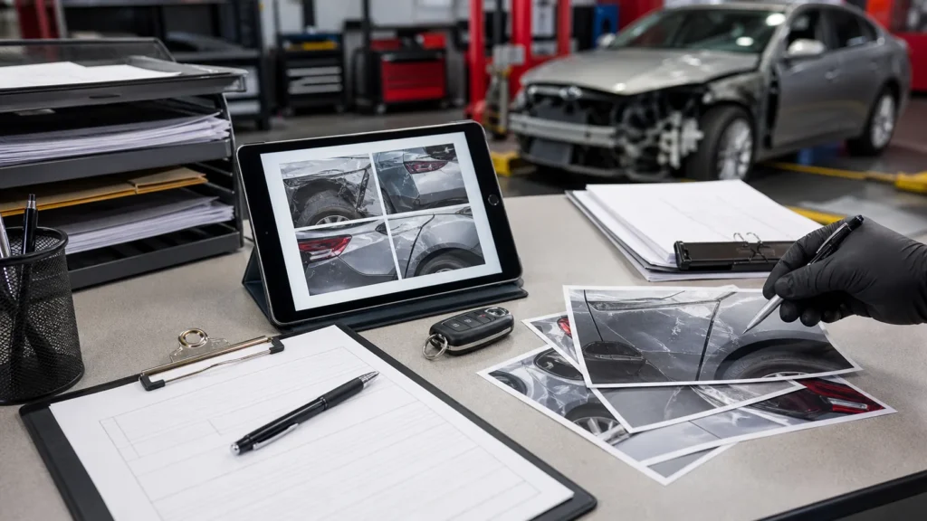 Damage photos and estimate paperwork for an insurance collision repair claim