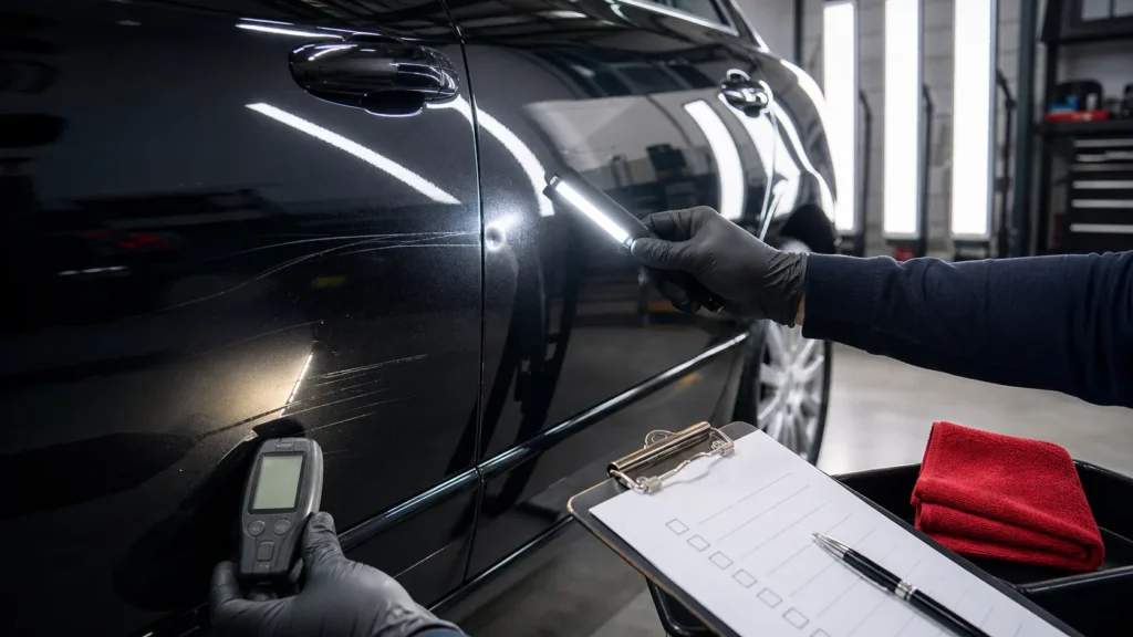 Technician inspecting scratches and dents before a lease return