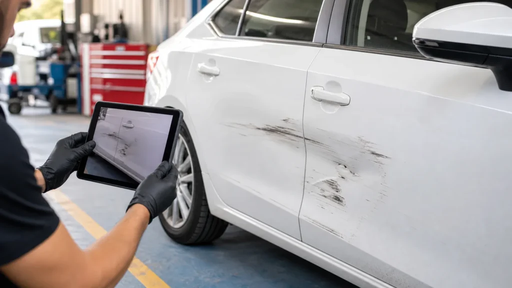 Estimator documenting parking lot side panel damage on a white sedan