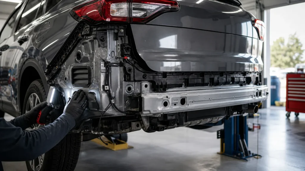 Technician inspecting hidden bumper damage after a rear-end collision